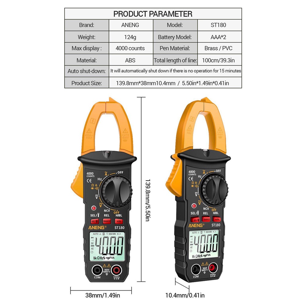 Solighter Digital Clamp Meter ANENG ST180 Amp Hz Kapasitansi NCV Ohm Test Mobil Amp DC/AC Ammeter