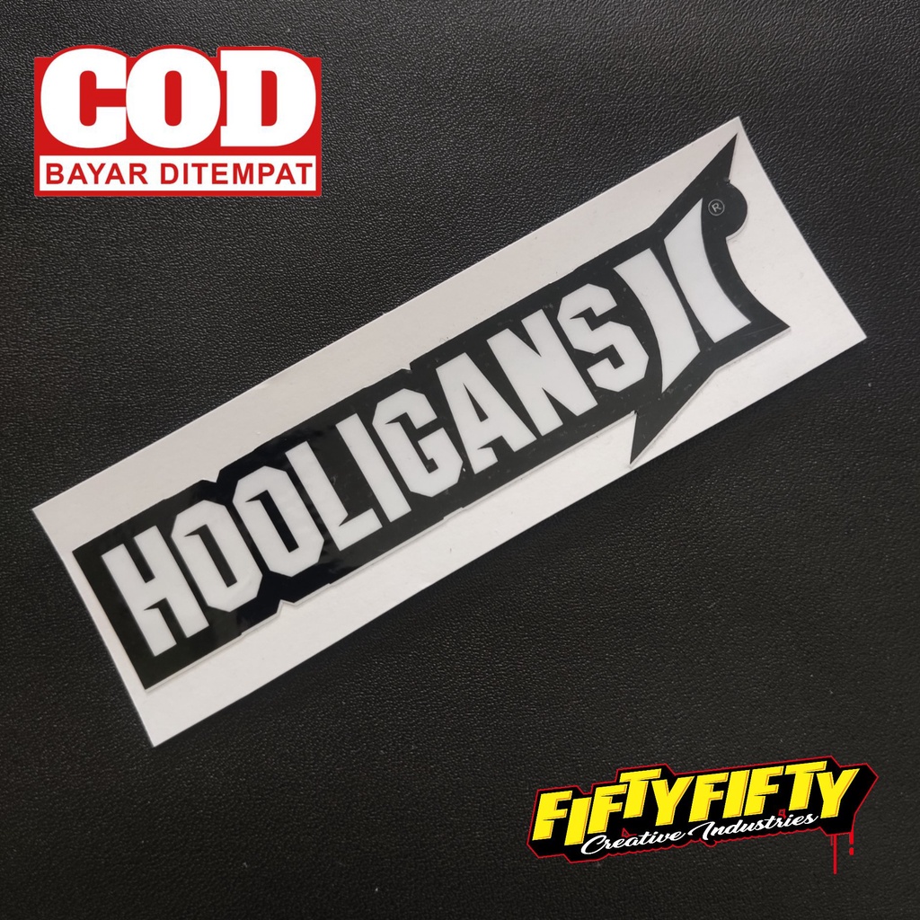 Stiker Print Cut BRAND DISTRO HOOLIGANS Stiker Printing Laminasi Glossy Tahan Air Stiker Motor Mobil Helm Sudah