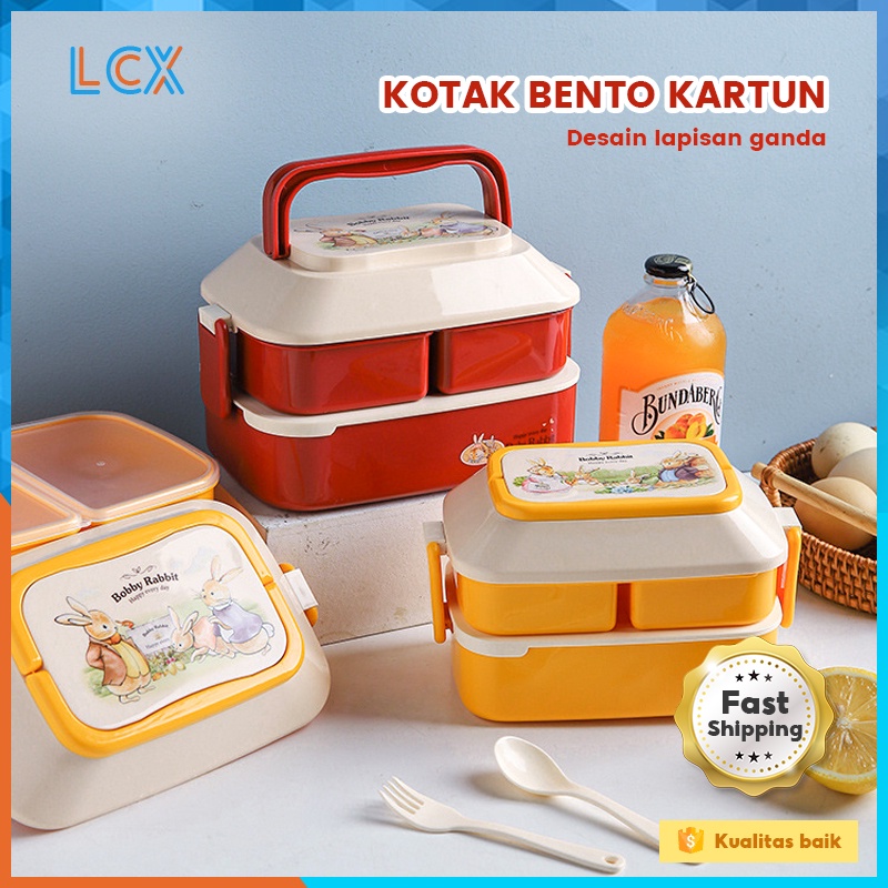 LCX 2 Layer Tempat Makan Kotak Makan Bento Lunch Box Kartun Makan Anak Wheat Straw Kotak Makan VS-75