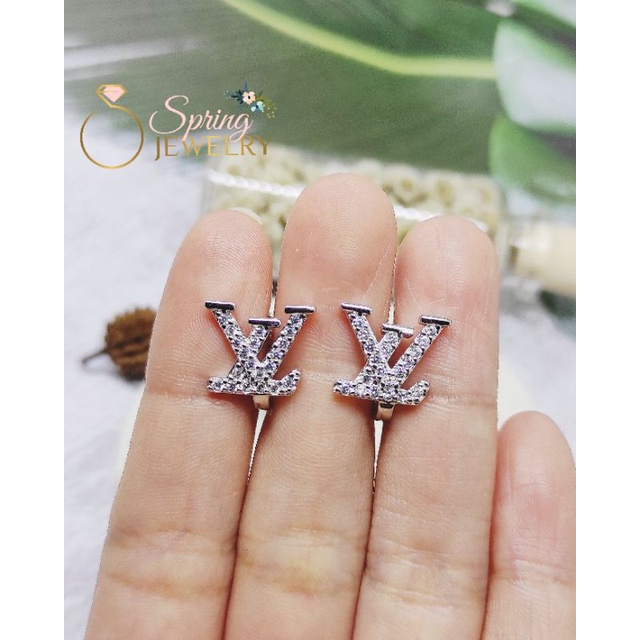Anting Perak Jepit Wanita LV Full Mata Silver 925 Asli Lapis Emas Putih