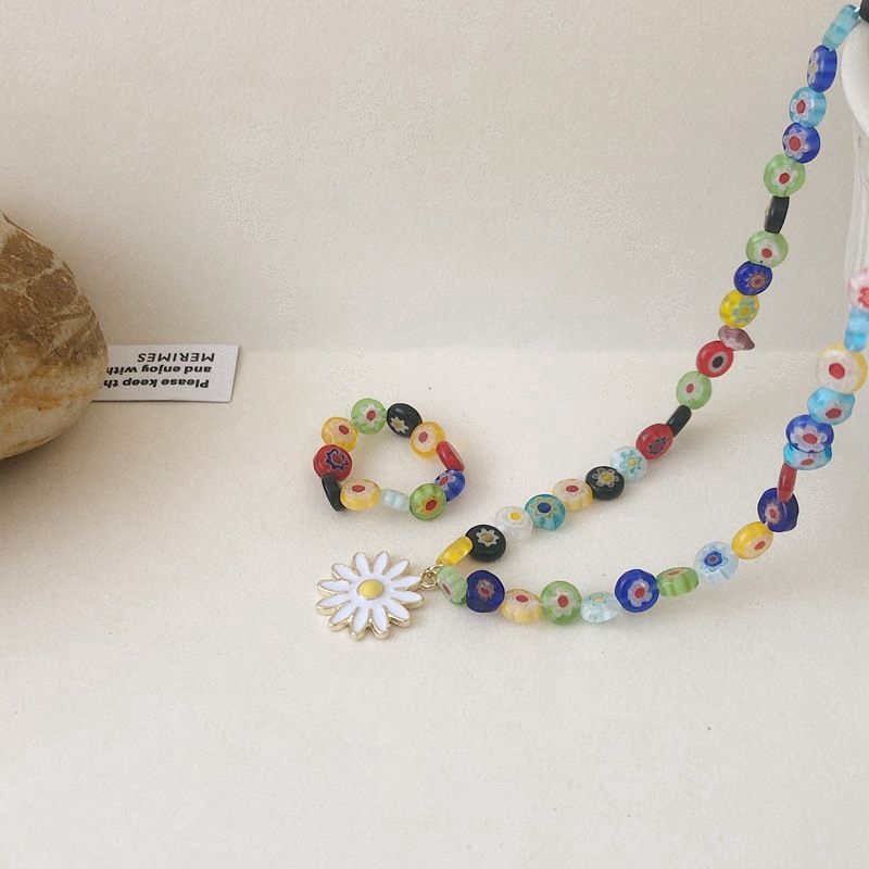 Color Beaded Necklace, Small Daisy Pendant, Clavicle Chain, Korean Temperament, Simple