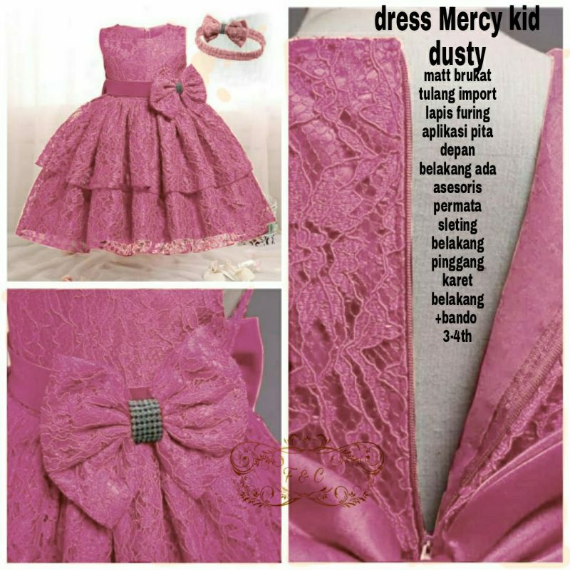 PAKAIAN ANAK DRESS MERCY KID BRUKAT FREE BANDO USIA 3-4 TAHUN FEHM