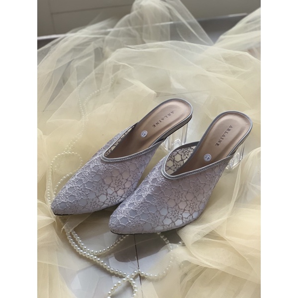 TERMURAH!!!! READY STOK Heels Brukat Zara Hak Kaca 7cm/ sepatu pengantin/ sepatu brokat/ sepatu mewah/ sandal seserahan-Hak kaca 7cm Abu