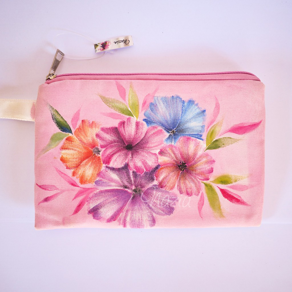 

Pouch Lukis Flowery Pink Pouch Nazia Fabric Painting