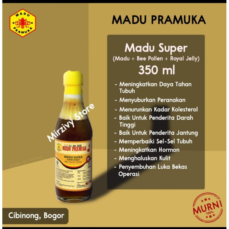 

MADU PRAMUKA SUPER 350 ML (madu murni+bee polen+royal jelly) Madu murni Madusehat MaduPramukaCibubur