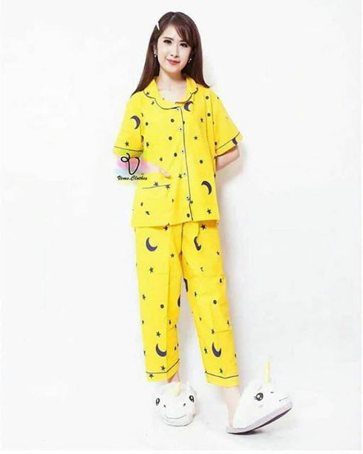 Baju Tidur Piyama Wanita/Cewek Pajamas Motif Dewasa Kekinian Karakter/Kotak Guillen-CP STARMOON KUNING