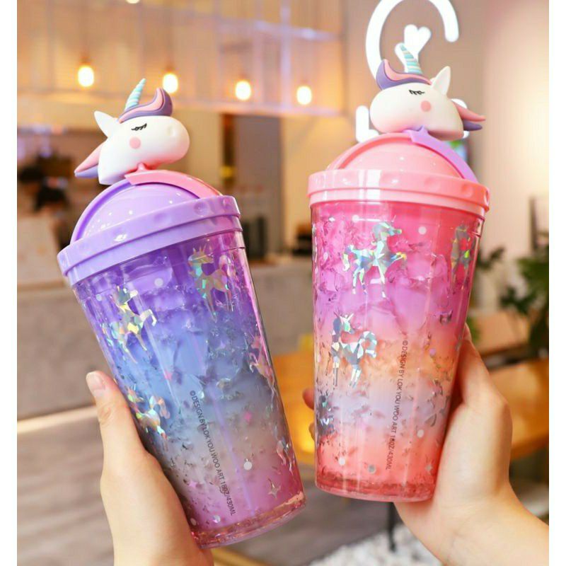 Botol Minum Unicorn Tumbler Glitter Rainbow Boneka Silikon Sedotan Gelas Tempat Minum Kado Ultah