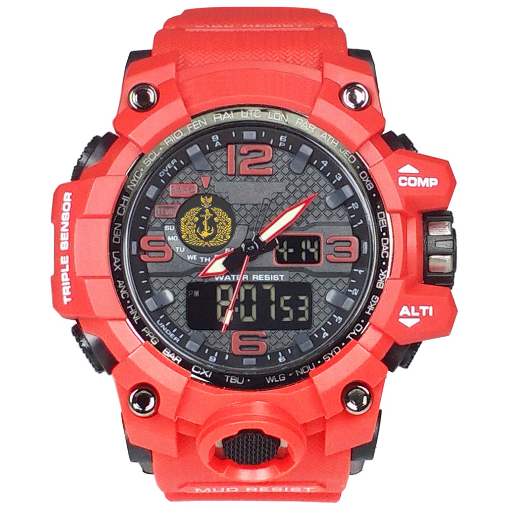 (Istimewa Bossque) Jam LOGO TNI - AL Double Time Full Merah (Exclusive)