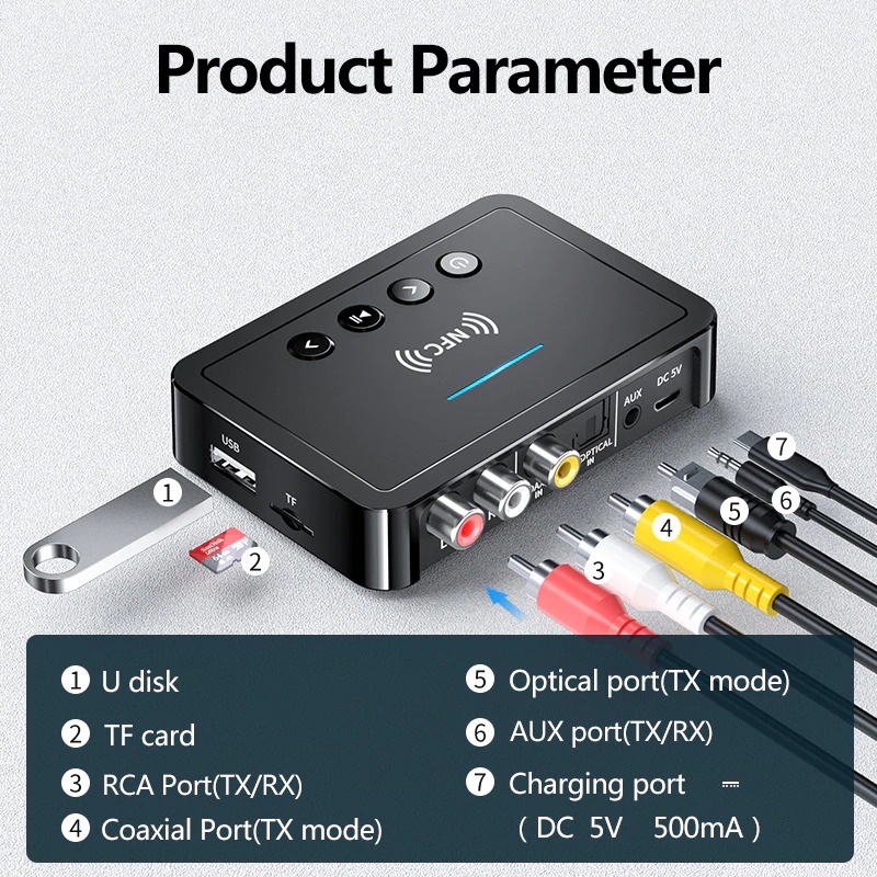 Wireless Audio Receiver Transmitter Bluetooth 5.0 AUX NFC - M6 - Black