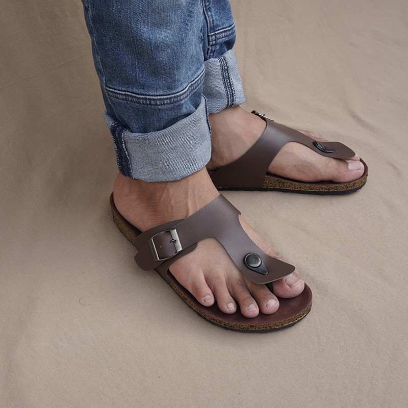 PROMO Sandal Briken Cowok Walkers Sendal Slide Polos Gesper 1 Coklat