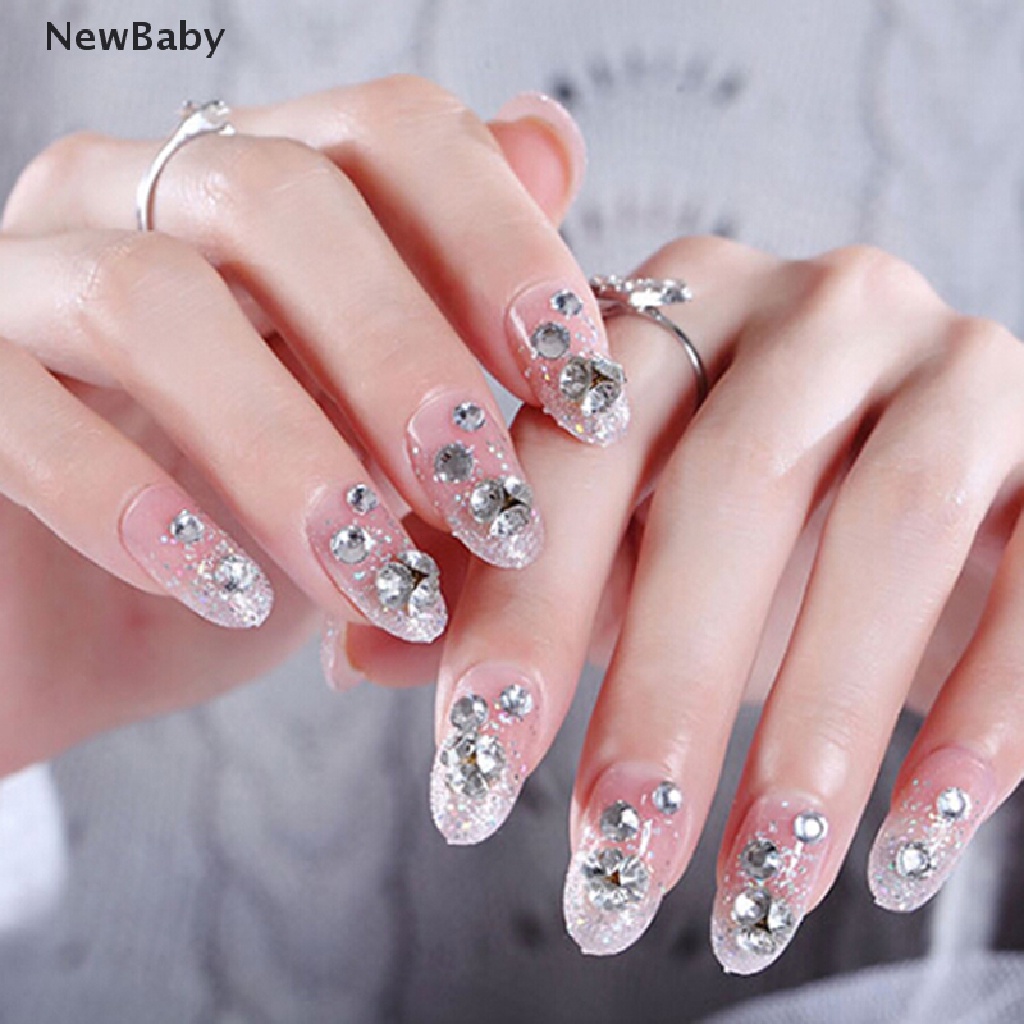 Newbaby 24Pcs / Set Kuku Palsu 3D Aksen Berlian Imitasi pink Transparan Untuk Nail Art / Manicure