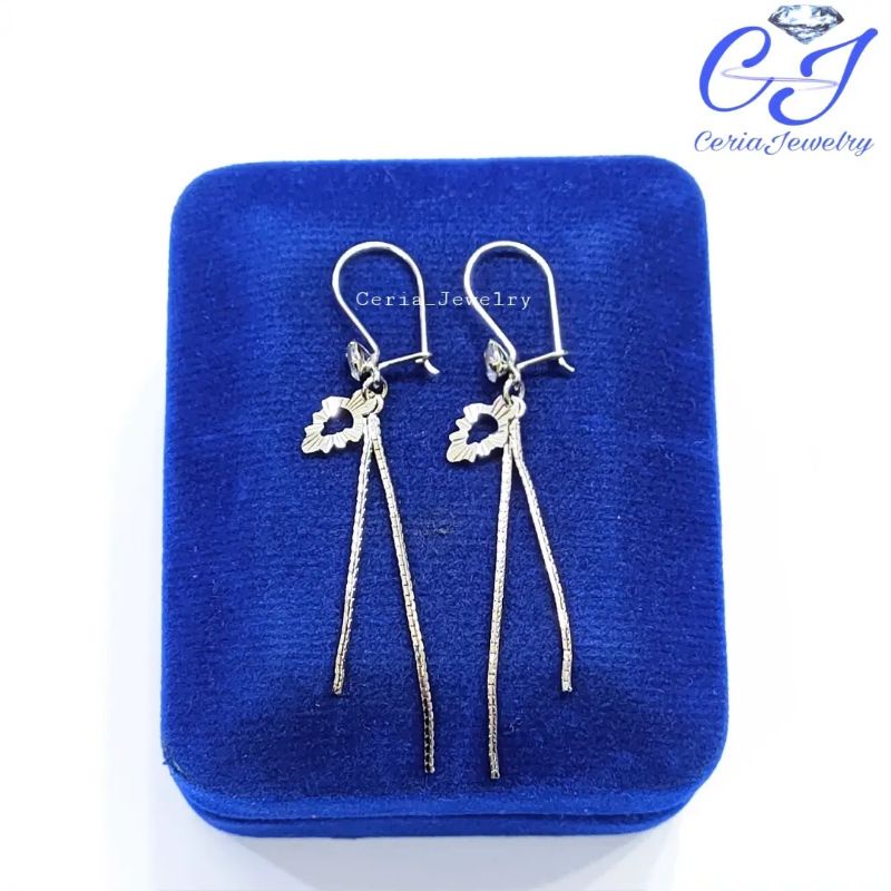 Anting Perak Asli Silver Wanita 925 Lapis Emas Putih Model Panjang ItaliSanta Double + Bunga Ukiran Keliling - Perhiasan Perak Wanita