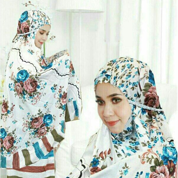 SALE  Mukena Astrid (Motif Bunga Tas Bahan Katun Jepang Warna Putih Tosca)