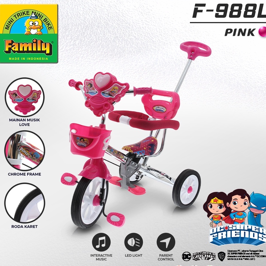 Sepeda Roda Tiga Anak Family F988L DC Super Friends Official Licensed IC Music Light Nikel Ban Karet