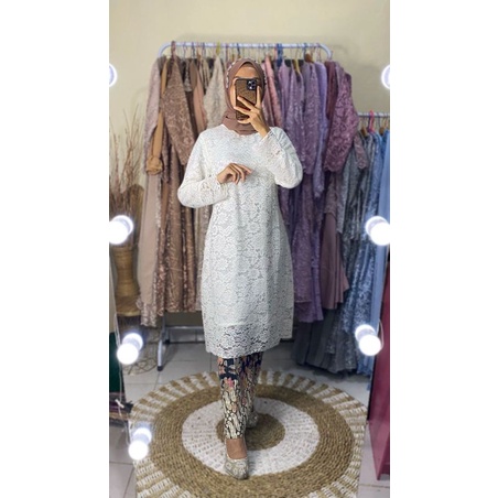 Setelan Kebaya Brokat Tunik Kurung Panjang Dewasa Plus Rok Plisket Batik Dewasa Ukuran Jumbo / Baju 