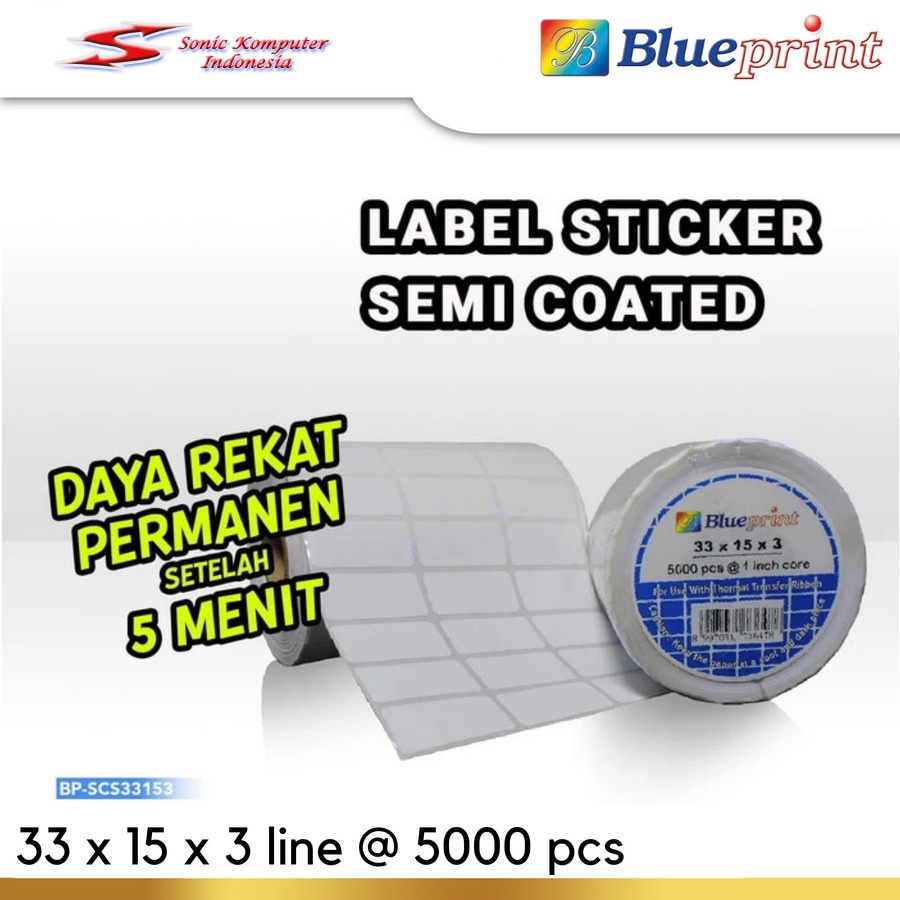 Sticker label Barcode 33x15mm 3 Line Semi Coated BLUEPRINT isi 5000Pcs Stiker Core 1&quot; Inch