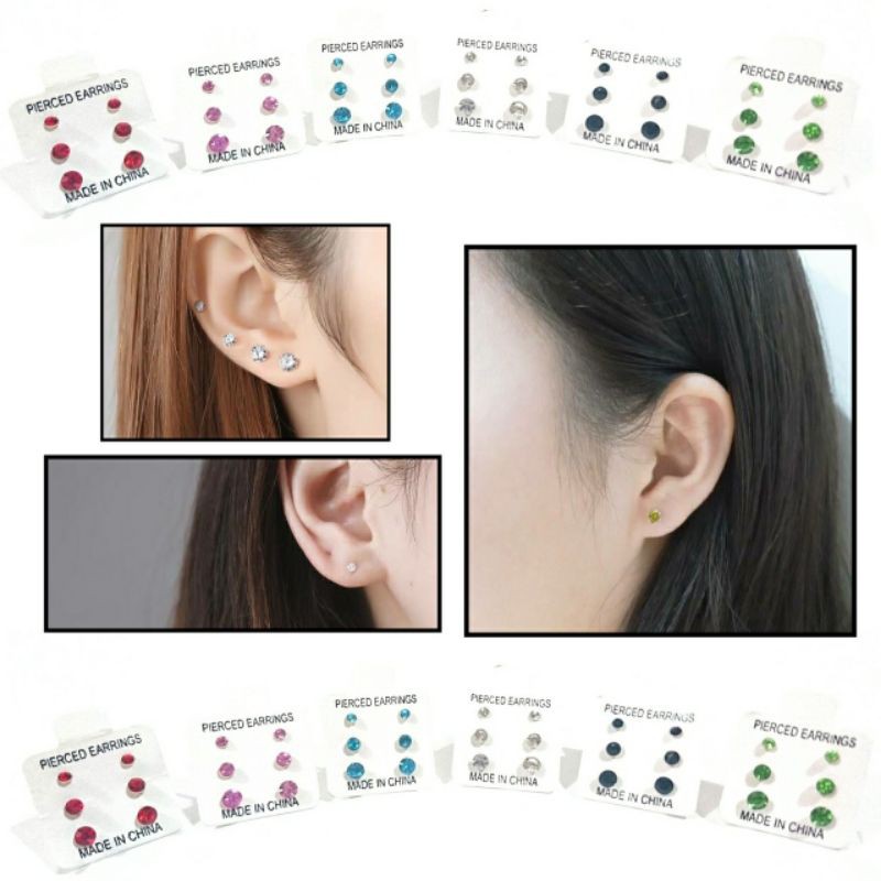 anting tindik set 3 pasang permata warna anting kecil plastik diamond 6pcs perset