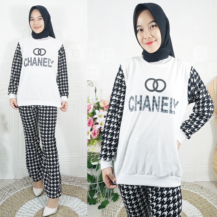 SETELAN CHANELY HOUNDSTOOH BAJU LENGAN PANGANG CELANA CUTBRAY SETCEL CANTIK ONE SET GL FASHION