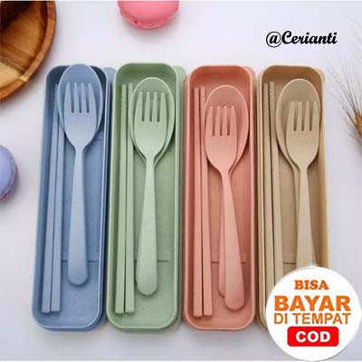 Sendok Set Garpu Sumpit Bahan Jerami / Sendok Set 3 in 1 / Perlengkapan Makan Plastik_Souvenir