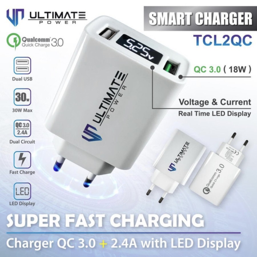 Ultimate TCL2QC 30W Super Fast Charging Charger QC3.0 + 2.4A with LED