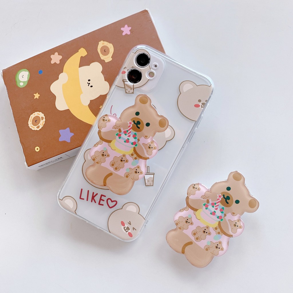 Stand Holder Smartphone Teleskopik Motif Gambar Kartun Beruang Bahan Akrilik Epoxy Gaya Korea