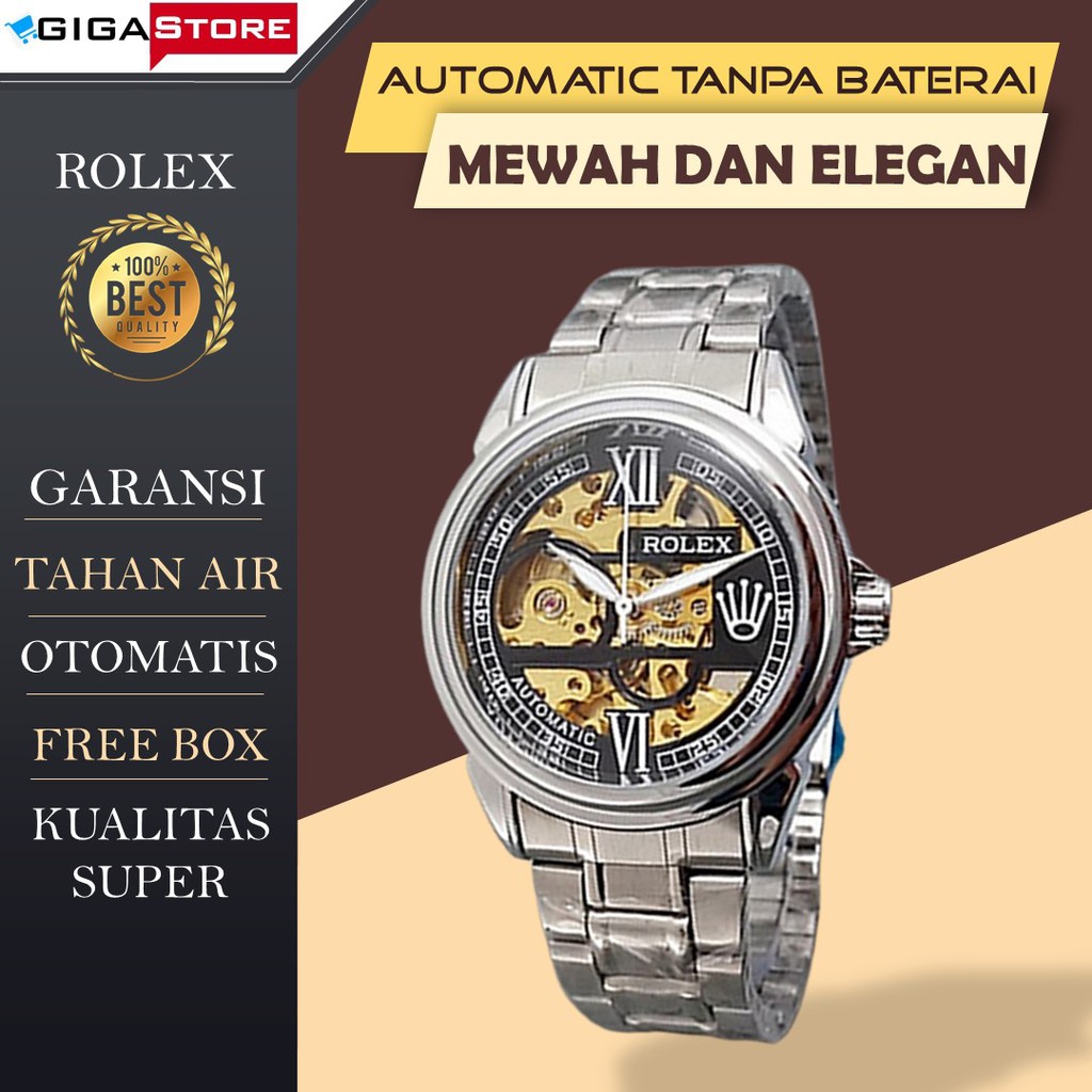 Jam Tangan Pria Rolex Automatic Elegant Analog Tali Rantai Stainless Tanggal Aktif Anti Tahan Air
