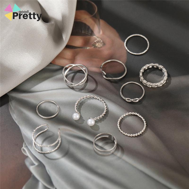 10 Buah Set Wanita Kreatif Sederhana Manik-manik Ganda Cincin Gabungan Geometri Gelombang Mutiara - PD