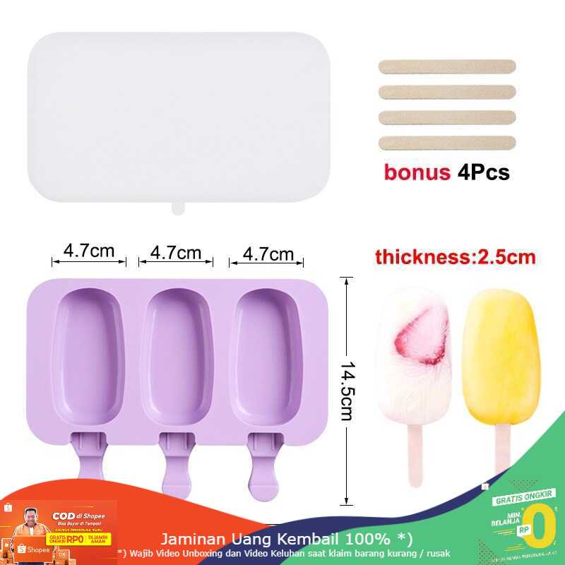 (BISA COD) RVOSTR SJ Cetakan Es Krim 3 Hole Silicone with 50 Popsicle Sticks - JSC8004