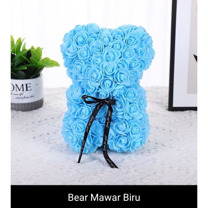 Boneka bunga mawar spons bunga rose beauty/ bunga spons tedy bear biru