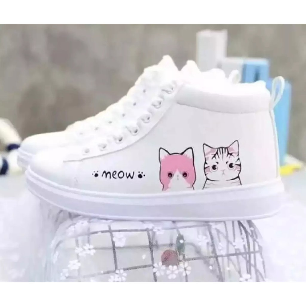 Sepatu Anak Lucu Boot Motif Meow Putih Pink Murah Trendi