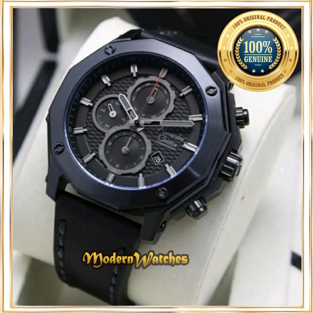 Jam Tangan Ori Pria Alexandre Christie AC 6586 / 6588 Silver Black Hitam Tali Kulit Sport Alexander
