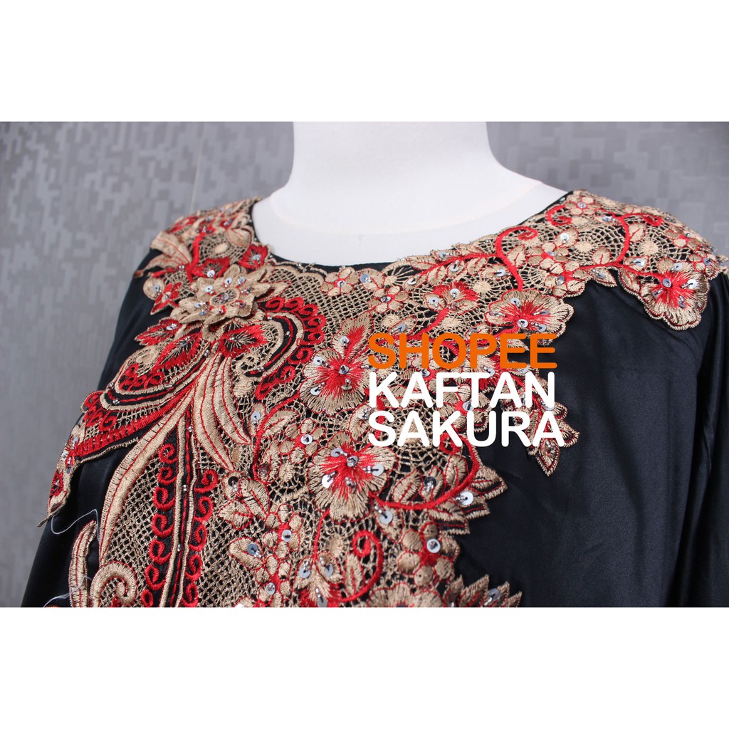 Dress Kaftan Wanita terbaru Bordir Bahan Satin PREMIUM Murah Warna Hitam Merah Pink Cantik untuk kaftan Lebaran Pesta Kondangan mewah