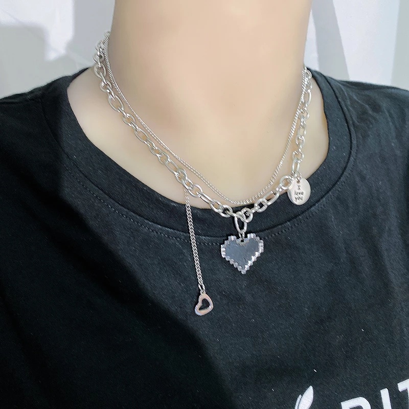 Kalung Rantai Klavikula Liontin Hati Mosaik Lapisan Ganda Bahan Stainless Steel Gaya Korea Untuk Wanita