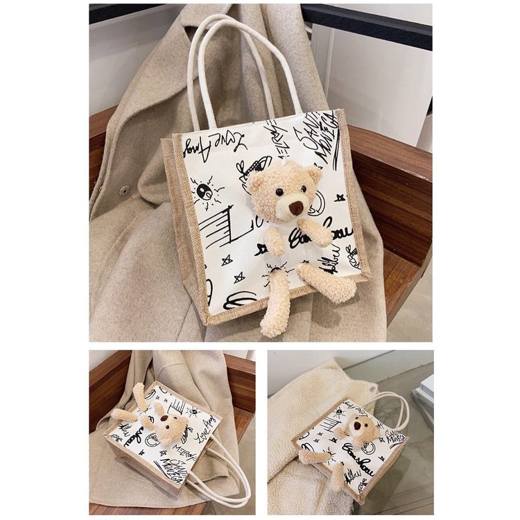 TOTE BAG SELEMPANG KANVAS ADA TEDDY BEAR + SLETING