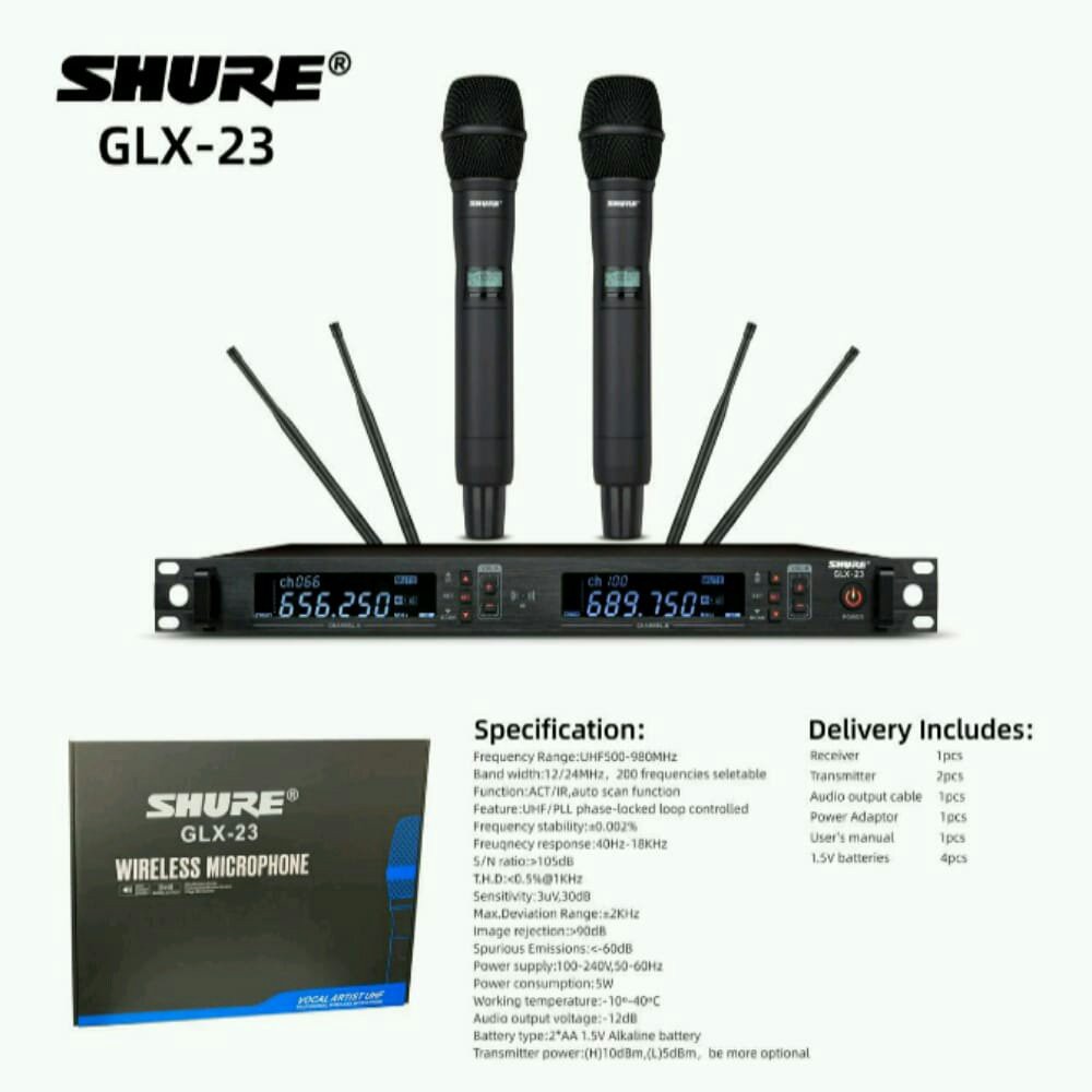 Mic Wireless Shure GLX23 UHF 4 Antena GLX-23 2 Mic Pegang Multi Channel Kualitas Bagus