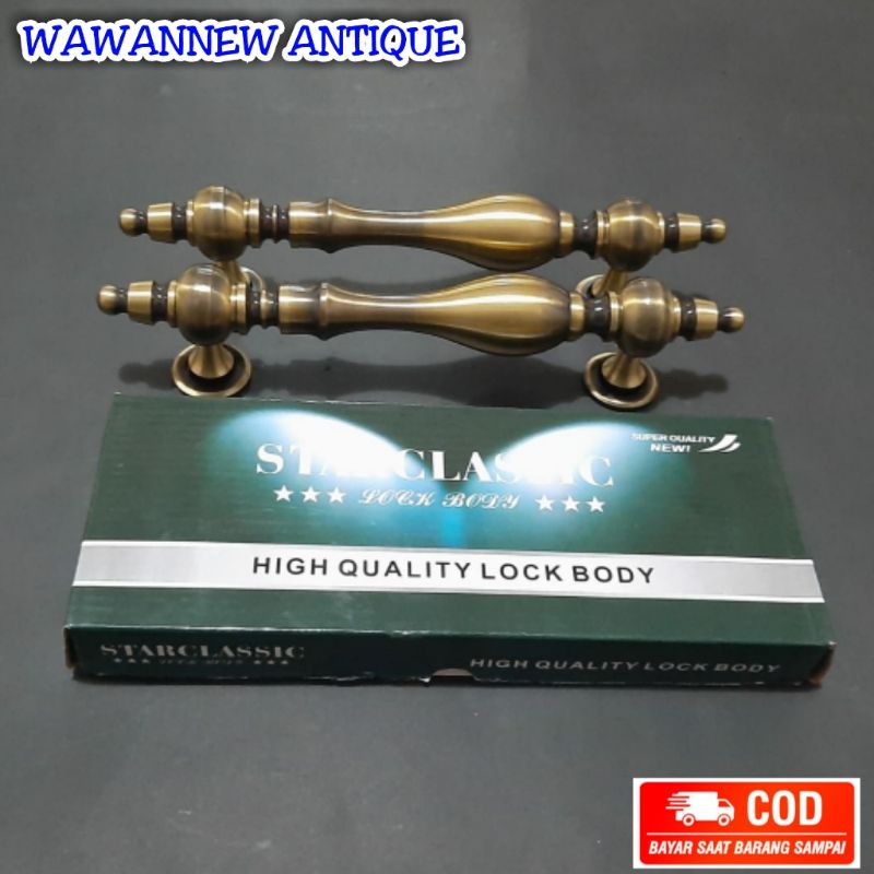 Handle Pintu / Gagang Pintu Rumah Kuningan + 1 Set Body Kunci Motif Teratai 32cm