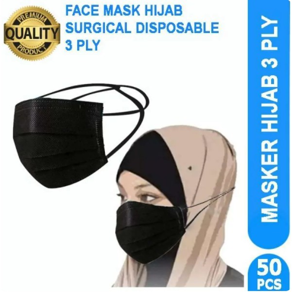 Masker 3Ply Headloop 3 Ply Masker Hijab Disposable Face Mask/ MASKER HEADLOOP/ MASKER HITAM/ HIJAB