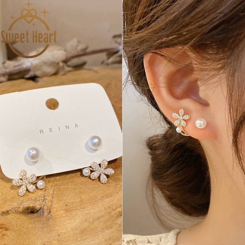 Anting S925 Silver Needle Desain Bunga Mutiara Gaya Korea Untuk Wanita