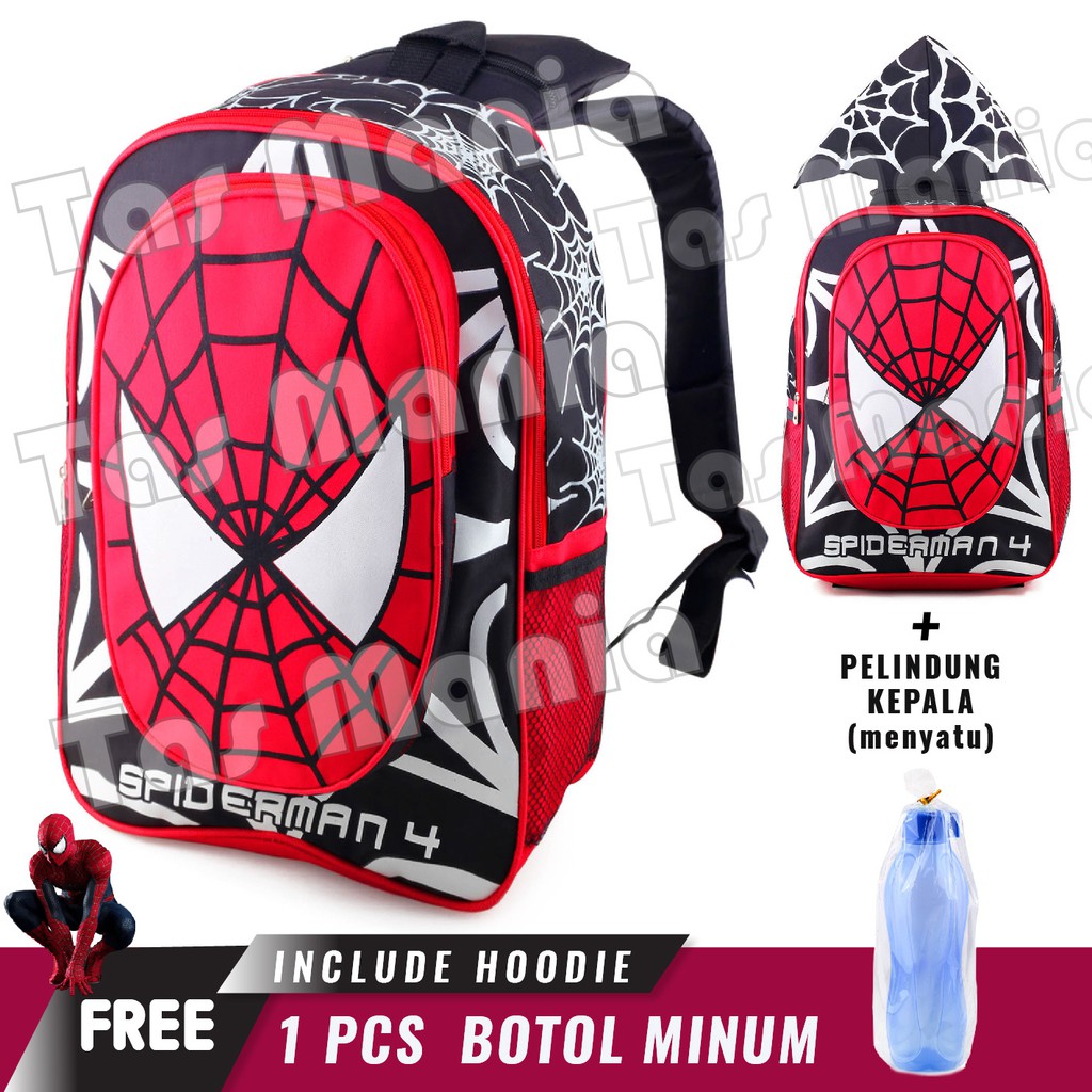 PTS -Ransel Sekolah Anak Cowo / Laki Laki Karakter - Spiderman Hoodie / Bonus Tutup Kepala + FREE Botol Minum .PT