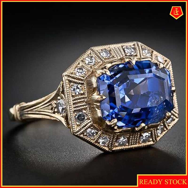 [Ready Stock]Fashion Retro Blue Topaz Square Diamond Ring