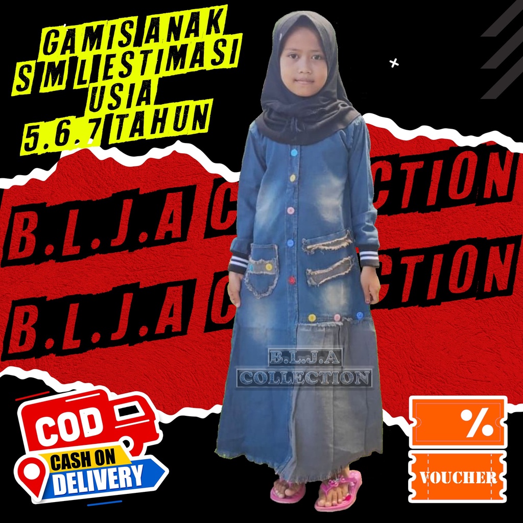 BAJU GAMIS JEANS ANAK / KANCING PELANGI / TANGAN MODEL KARET / GAMIS JEANS KEKINIAN / GAMIS JEANS RA