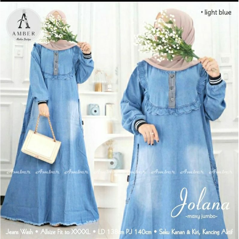 Gamis Jumbo Wanita Bahan Jeans Soft Size Up to XXXXXL Busui Aktif