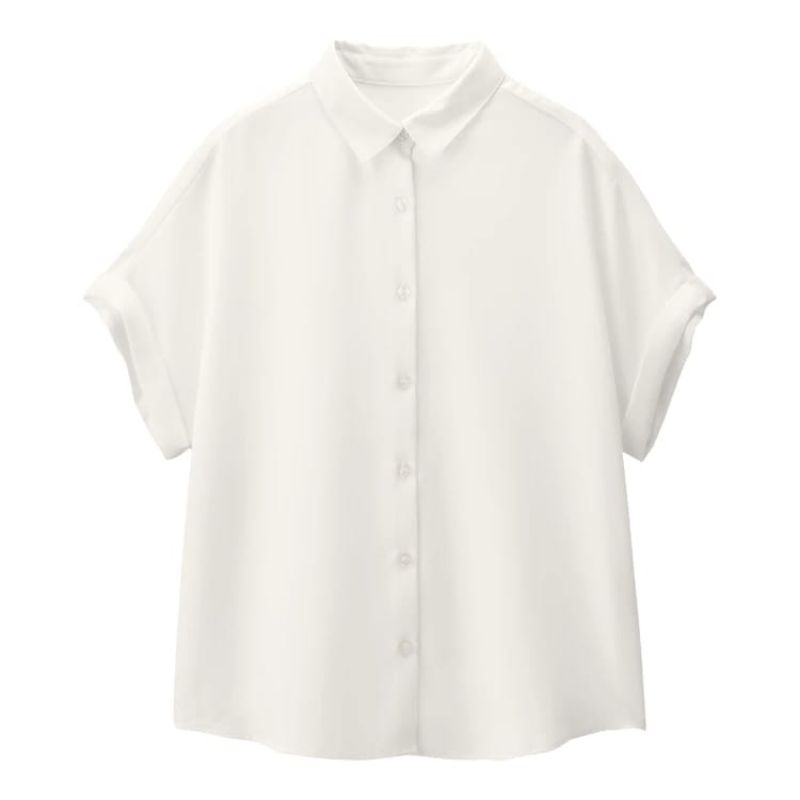 Kemeja Wanita GU by Uniqlo Airy Short Shirt - Baju Kemeja Wanita Lengan Pendek Polos Original-White