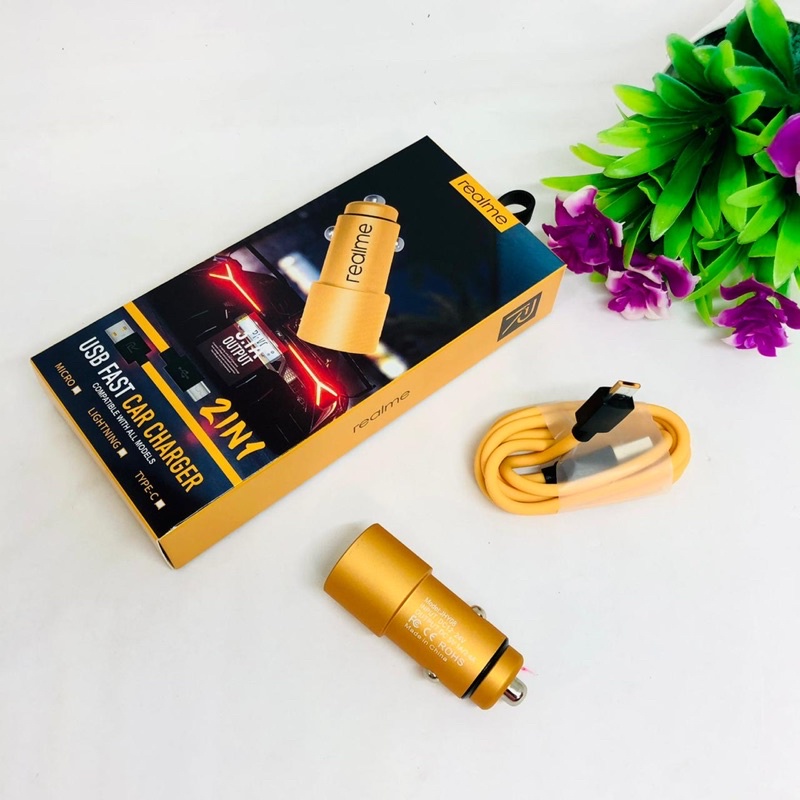 PROMO CAR CHARGER REALME R-01 USB 2in1 FAST CHARGING 3.1A ORIGINAL LED BLUE LIGHT