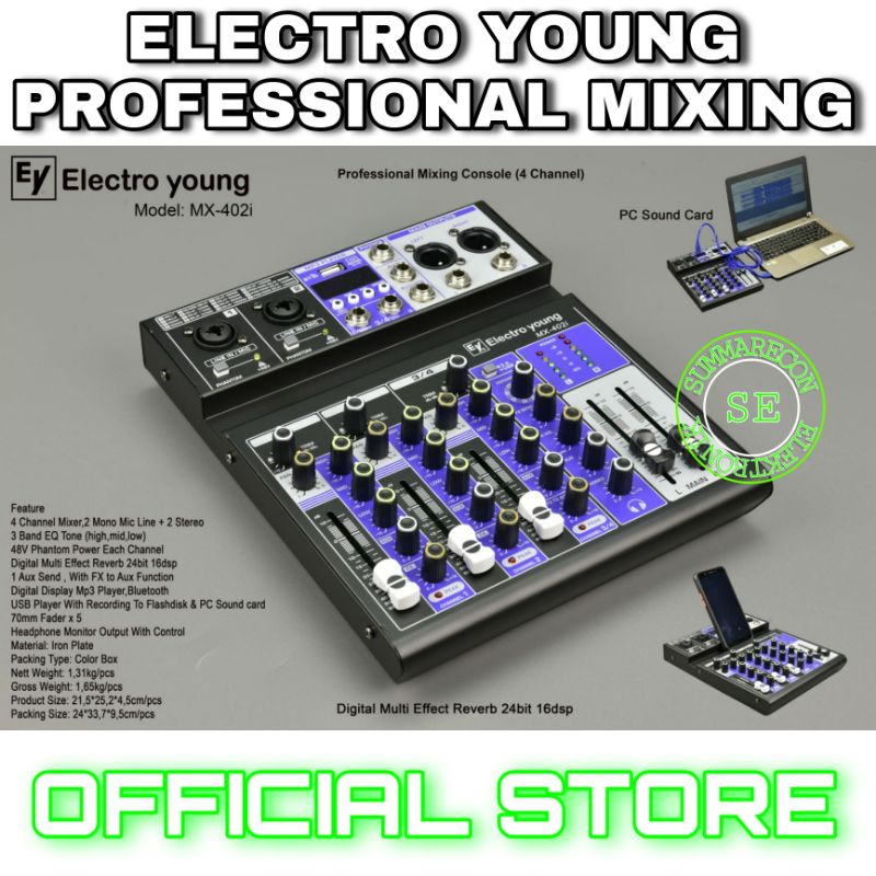 mixer audio 4 channel original electro young mx402i usb bluetooth recording