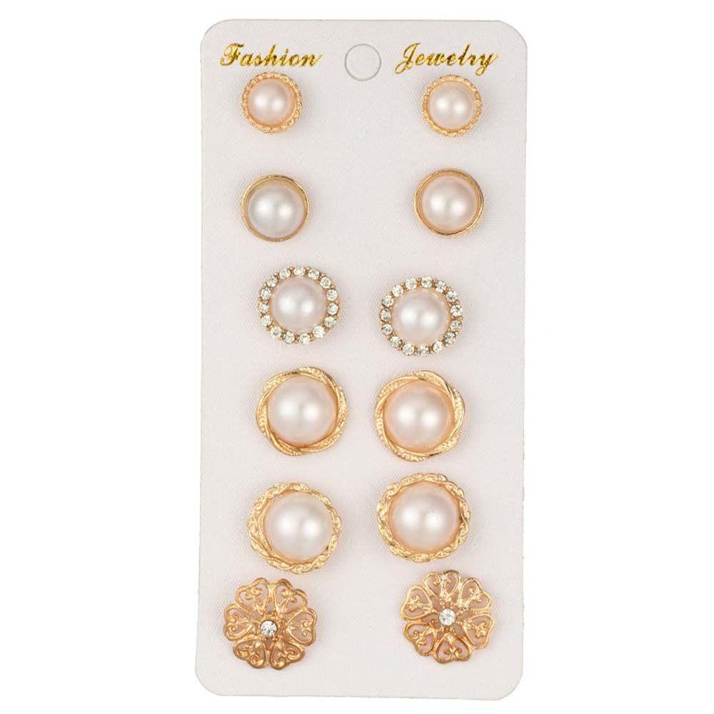 Mxbeauty 6 Pasang / Lot Anting Tusuk Retro Vintage Bentuk Bunga Warna Emas Hias Mutiara Imitasi Untuk Wanita