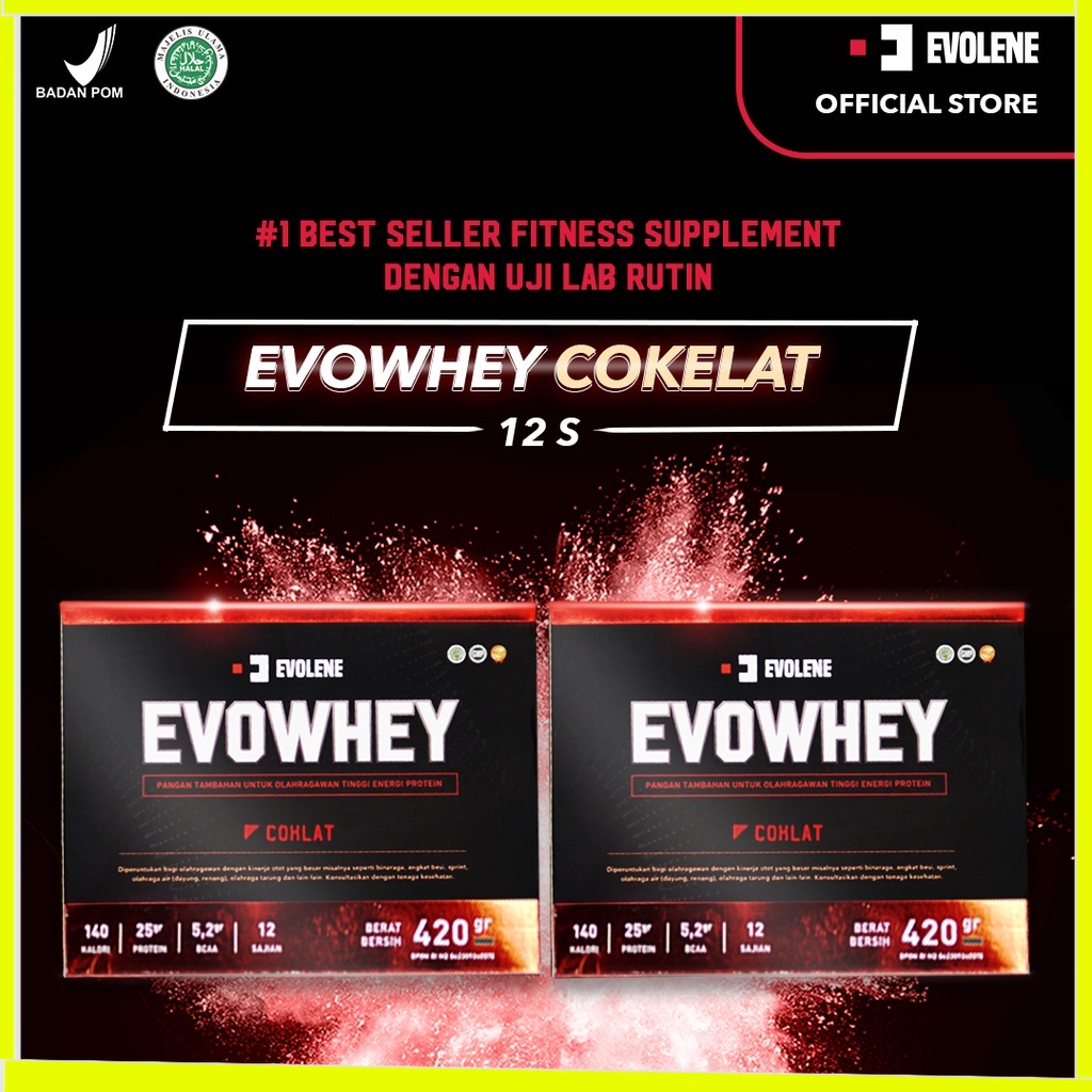 

Whey Protein Coklat 2x 456gr/12 Sachet Defisit kalori Suplemen Workout Evolene Evoline Evolen