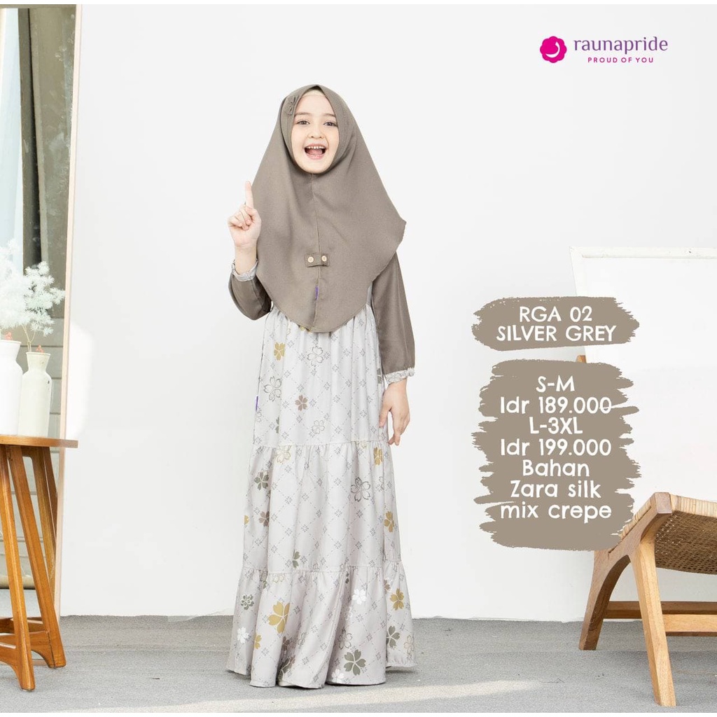 Gamis Couple Rauna Ibu, Anak, Remaja,Koko Dewasa / GD 07, RGR 05, RGA 02,KK 07 / Silver Grey / Fashion Muslim