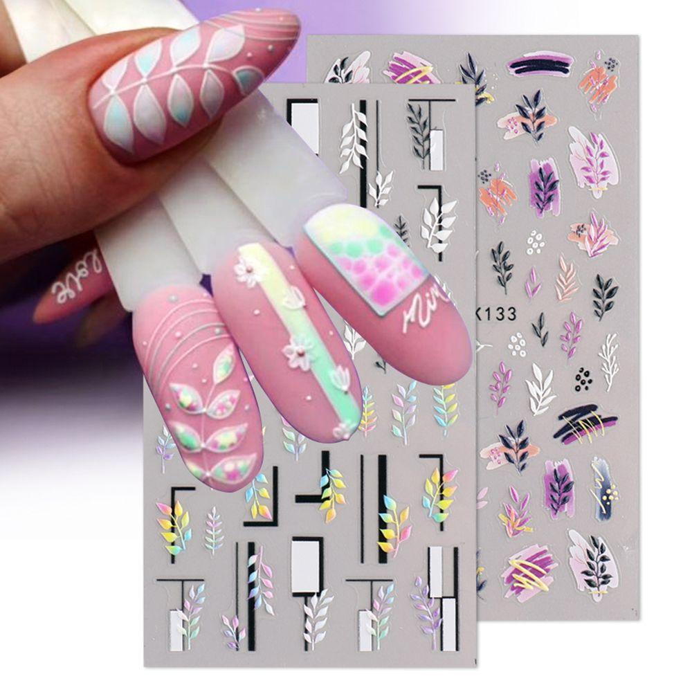 [POPULAR] Nail Decorations 5D Engraved Embossed French Design Flower Leaves Nail Stickers Manicure DIY Summer Acrylic Sliders Decals Black White