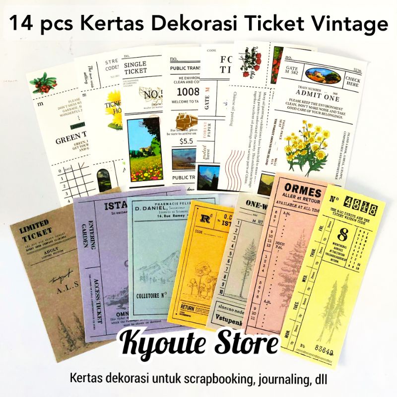 

14 pcs Kertas Dekorasi Scrapbook Ticket Retro Vintage Journal Bujo Planner Diary Paper